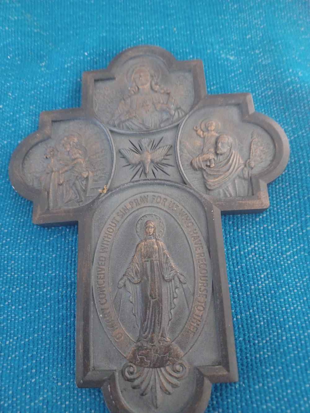 Carved Virgin Mary Devotional Cross Plaque - Dark Brown